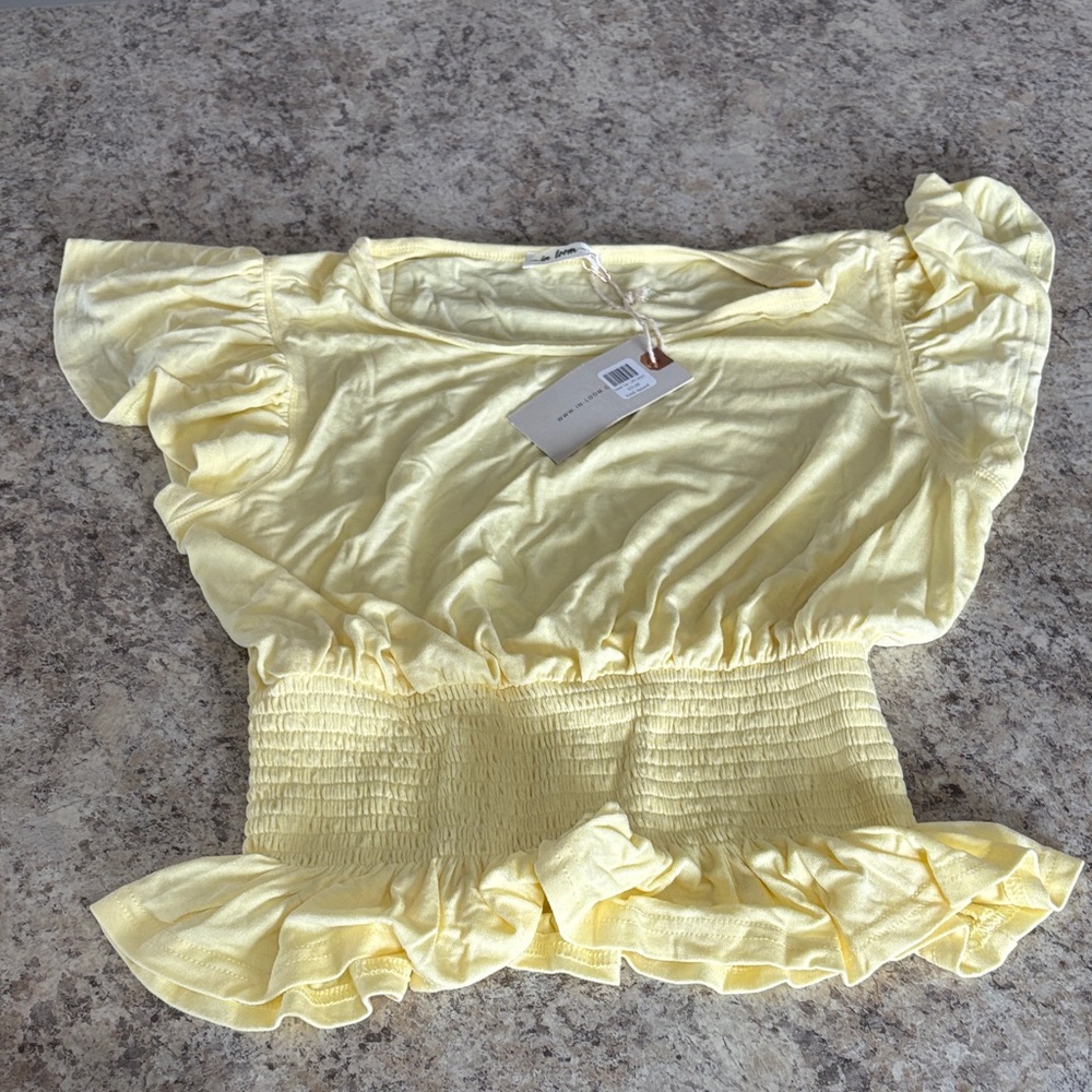 In Loom Light Yellow Ruffled Smocked Waist Women's Top